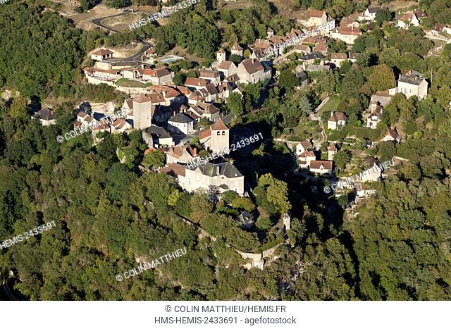 France, Lot, Haut Quercy village Montvalent along the Dordogne (aerial view)
