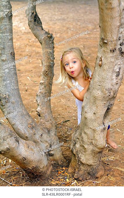 Girl playing in tree in park