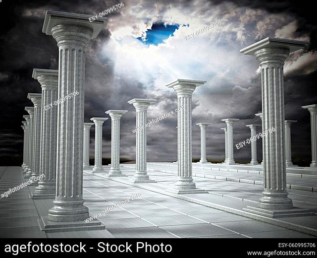 Ancient ruins of Greek pillars against overcast sky. 3D illustration