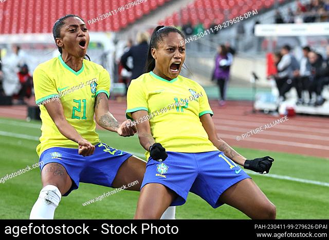 11 April 2023, Bavaria, Nuremberg: Soccer, women: Internationals, Germany - Brazil at Max Morlock Stadium. Ariadina Borges (r) from Brazil celebrates with her...
