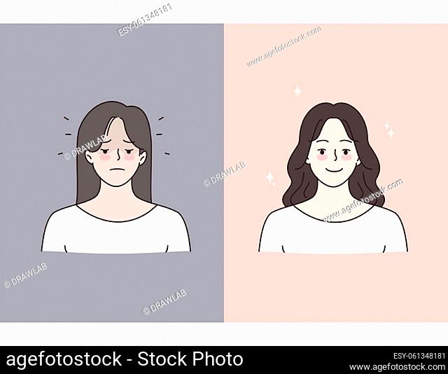 Woman sad before and happy after psychology session. Young female recovered after depression or nervous breakdown. Mental health concept