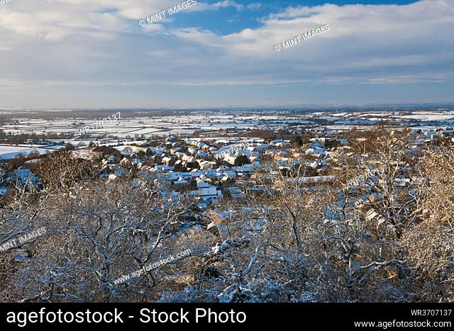 Aerial view of the Cotswold town of Wotton Under Edge in the snow, Gloucestershire, United Kingdom