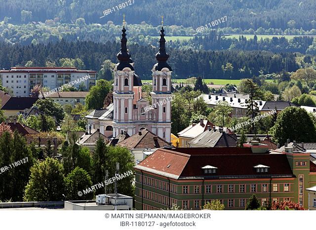 Pilgrimage church to the Holy Cross, view from the steeple of the parish church, Villach, Carinthia, Austria, Europe