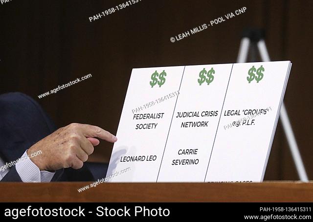 United States Senator Sheldon Whitehouse (Democrat of Rhode Island) points to a chart as he speaks about efforts by conservative interest groups during the...