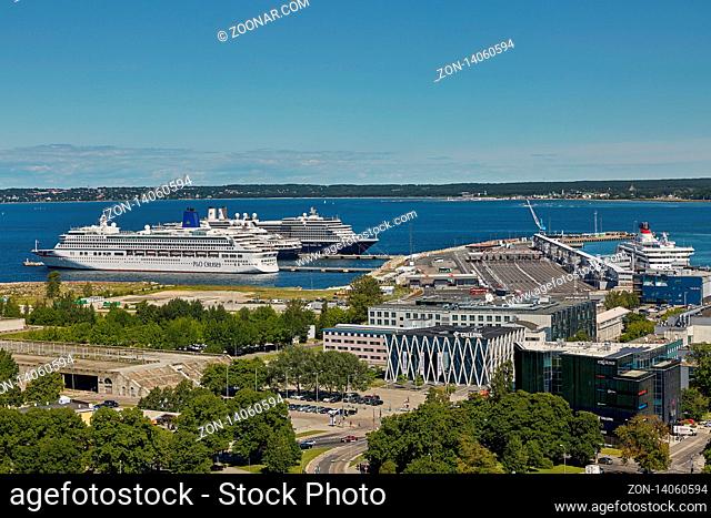 TALLINN, ESTONIA - JULY 07, 2017: View of the town and the port of the city of Tallinn in Estonia