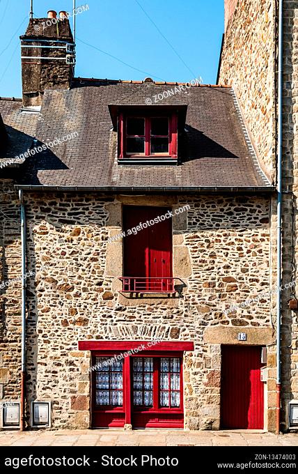 Fougeres, France - July 25, 2018: Old stone house in historic centre of the town