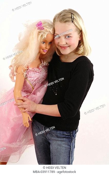 girl, blond, Barbie, embraces, cheerfully, detail, series, people, child, toy, doll, Barbie-doll, giant-Barbie, carry, holding, activity, happily, contentment