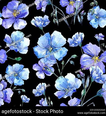 Blue flax. Floral botanical flower. Wild spring leaf wildflower pattern. Aquarelle wildflower for background, texture, wrapper pattern, frame or border