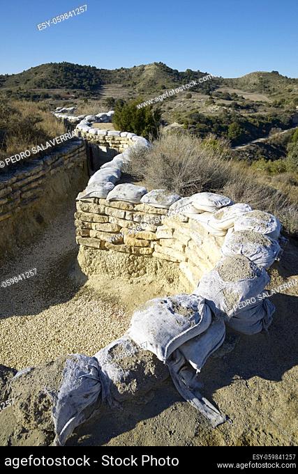 Reconstruction of a defensive position, named as George Orwell trench, used during the Spanish civil war in Alcubierre, Huesca province, Aragon in Spain