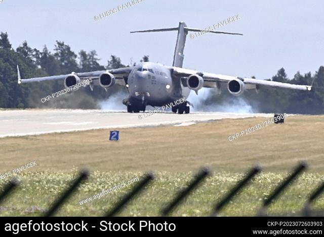 Boeing C-17 Globemaster aircraft of US Army land and bring helicopters Bell AH-1Z Viper for Czech pilots in Namest nad Oslavou, Czech Republic, July 26, 2023