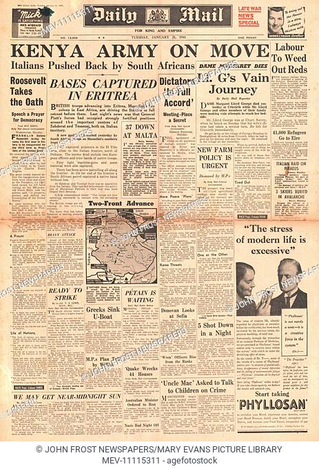 1941 front page Daliy Mail British Forces advance in Abyssinia