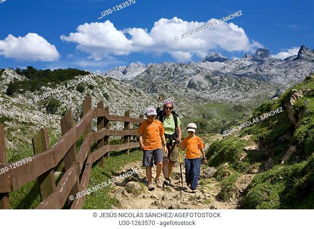 Family practice mountaineering along a route, in the Cornion massif, near to the Covadonga Lakes, in the Picos de Europa National Park, Asturias, Spain