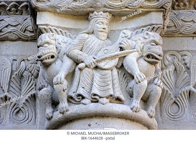 Architectural sculptures on the facade of the Grossmuenster church, Zurich, Switzerland, Europe