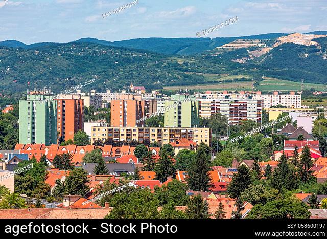 Aerial view Eger, Hungarian Country town with flats build against a hill