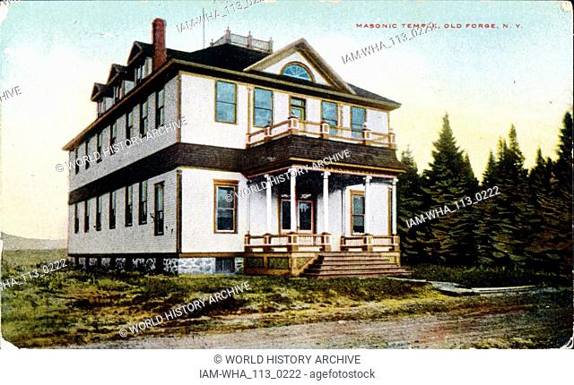 Postcard showing the Masonic Temple, Old Forge New York, state. 1920. Freemasonry or Masonry consists of fraternal organisations that trace their origins to the...