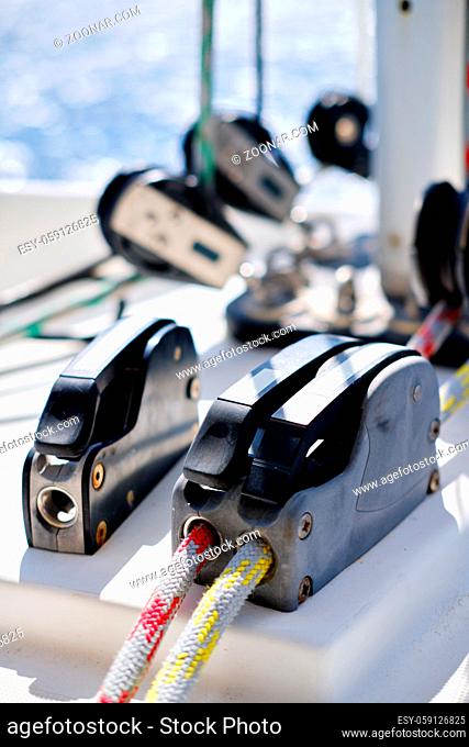 Close up of yacht rigging detail, locking system. Concept of adventure, lifestyle cruising or racing