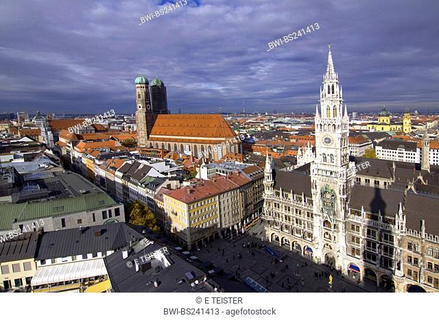 new townhall, Marienplatz and Frauenkirche, view from St Peter, Germany, Bavaria, Muenchen