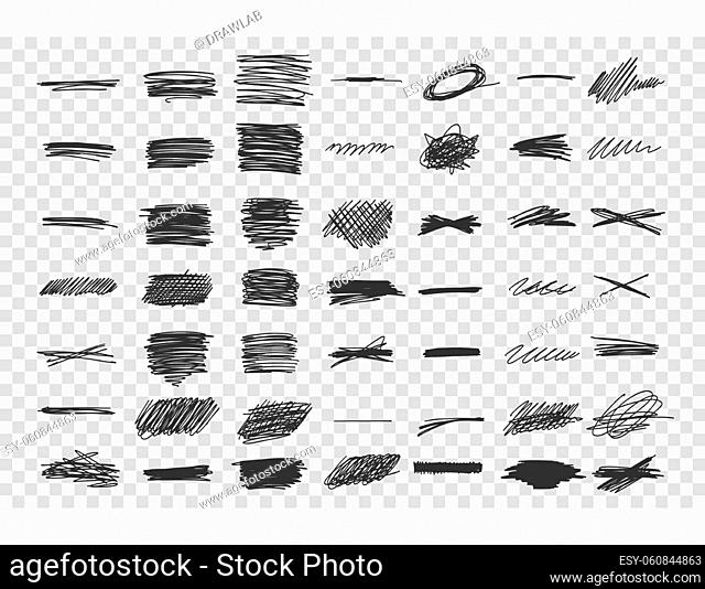 Scribble doodle set. Collection of hand drawn ink cahlk brush lines daubs templates patterns on transparent background. Pen pencil ink smearing sketches...