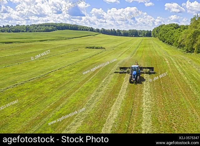 Hopkins, Michigan - A tractor pulls a hay rake through a field, piling the hay into windrows