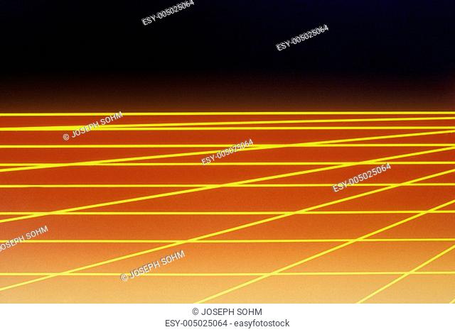 Space special effects of yellow grid matrix over red surface extending to a glowing horizon