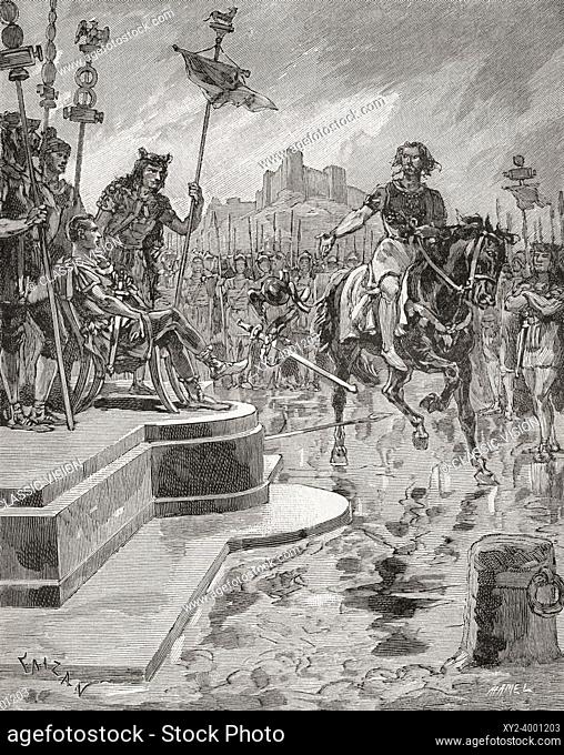 Vercingetorix throws down his arms at the feet of Julius Caesar, 52 BC. After this he was imprisoned in the Tullianum in Rome for five years