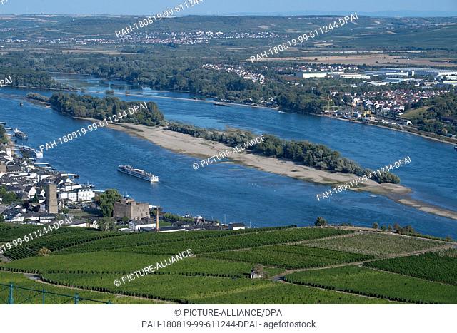 19 August 2018, Germany, Ruedesheim: After weeks of drought, the sandbanks of the Rhine have multiplied in size (taken from the Niederwald monument)