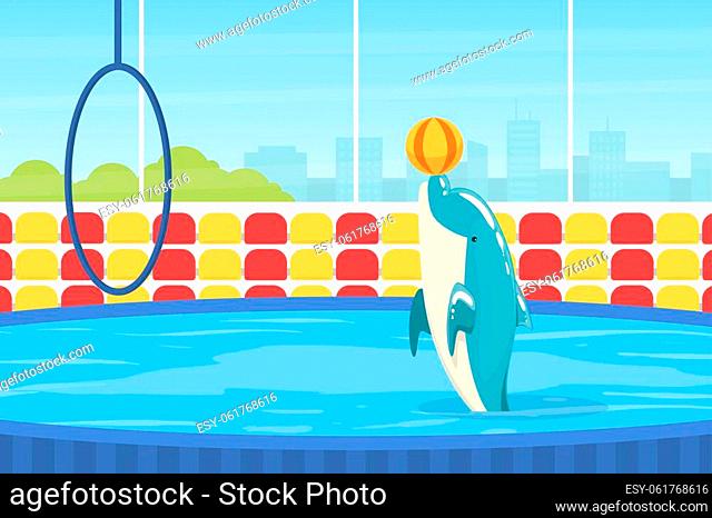 Dolphin Jumping Through Ring, Sea Animal Performing in Dolphinarium Vector Illustration, Web Design