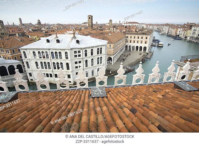 Venice Veneto Italy on January 20, 2019: Aerial view from the top of Fondaco dei Tedeschi, luxury department store terrace