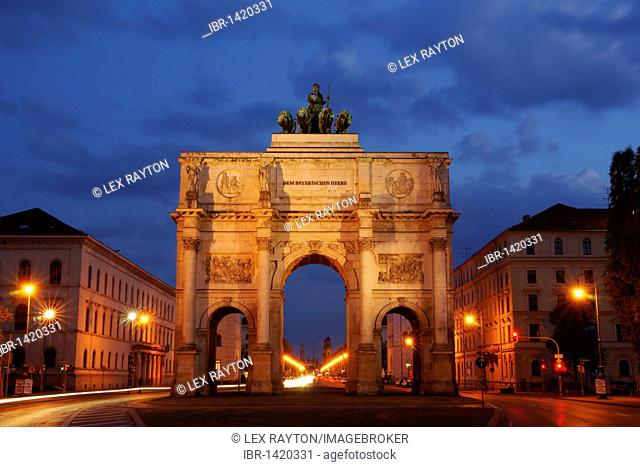 Siegestor, Victory Gate at night in Munich, Bavaria, Germany, Europe