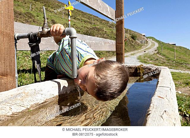 Boy, 6 years, drinking fresh spring water from the well, Alp Gün, Safien Valley, Graubünden, Switzerland