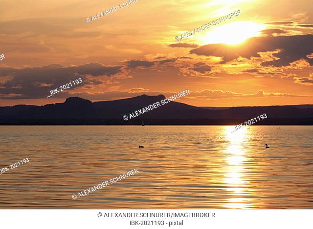Hegauberge mountains Hohentwiel and Hohenstoffeln, backlit, as seen from the island of Reichenau, administrative district of Constance, Baden-Wuerttemberg