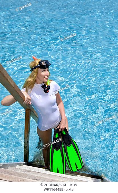Sports woman stands with equipment for Snorkeling