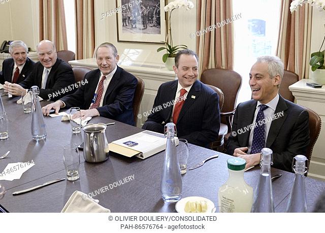 Incoming White House chief of staff Reince Priebus(C) is joined by Formers White House Chief of Staff Andrew Card (L), William Daily (2-L)