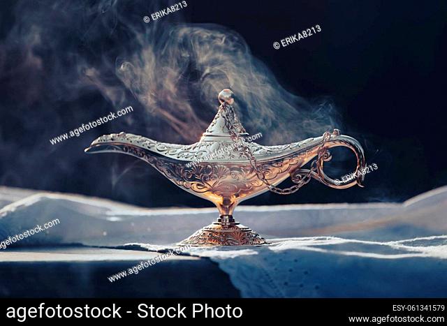 Ramadan Kareem festive greeting card for Muslim holy month with Aladdin lamp of wishes