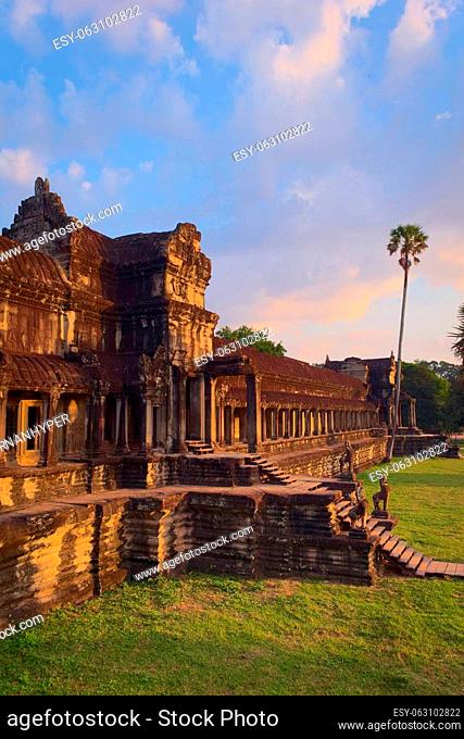 Angkor Wat temple, located in Cambodia. Frontal side view of the western facade. This is the largest religious monument in the world