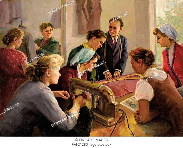 The Sewing Lesson. Bogdanov, Valentin Alexandrovich (1919-1985). Oil on canvas. Soviet Art. 1960. Russia. Private Collection. 99, 1x132, 1. Genre