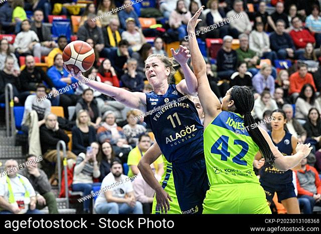 L-R Emma Meesseman (Fenerbahce) and Brionna Jones (USK) in action during the 12th round match of the A group of the European Women's Basketball league (EWBL)