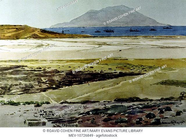 Salt Lake from Chocolate Hill - showing Lalla Baba, Suvla Bay and the island of Samothrace. Norman Wilkinson, Cbe Pri Roi Rsma Hrws, (1878-1971)