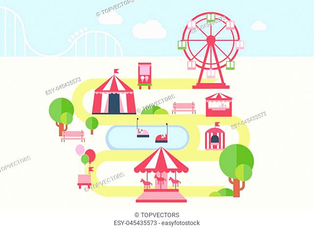 Amusement park map infographic elements, attractions and carousels vector illustration in flat style, design element for banner or poster
