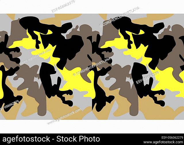 Seamless camouflage pattern background vector. Fashion clothing style masking camo repeat print. Yellow black grey colors texture design for virtual background