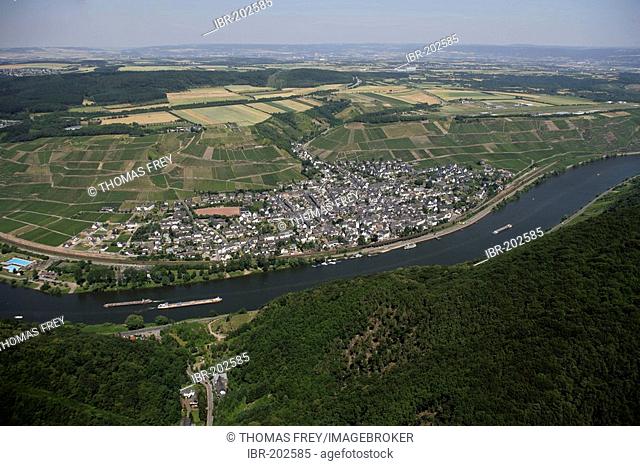 Aerial view of the small town Winningen at the river moselle. Winningen, Rhineland-Palatinate, Germany