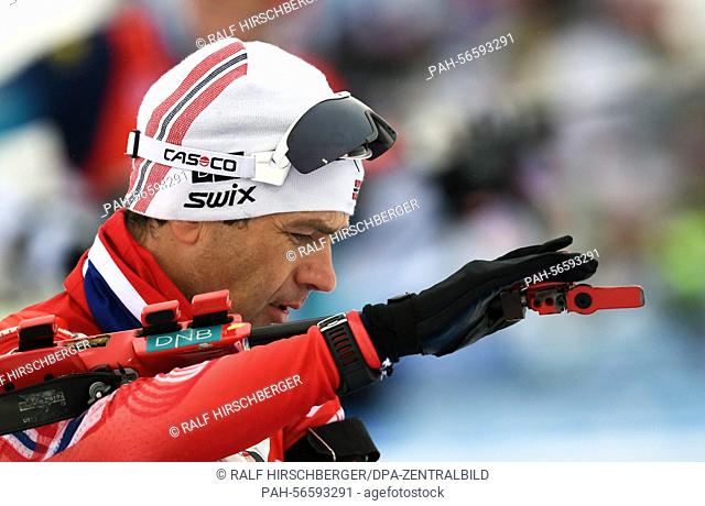 Biathlete Ole Einar Bjoerndalen of Norway on the shooting range during zeroing before the 10km Sprint competition at the Biathlon World Championships in...