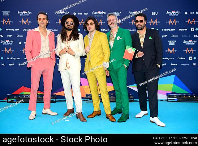 16 May 2021, Netherlands, Rotterdam: Eurovision Song Contest (ESC), opening night ""Turqouise Carpet"". The band ""The Black Mamba"" (Portugal) comes to the...
