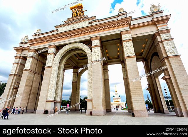 Moscow, Russia - July 8, 2019: Arch of the Main entrance to the territory of the All-Russian exhibition center (VDNKH)