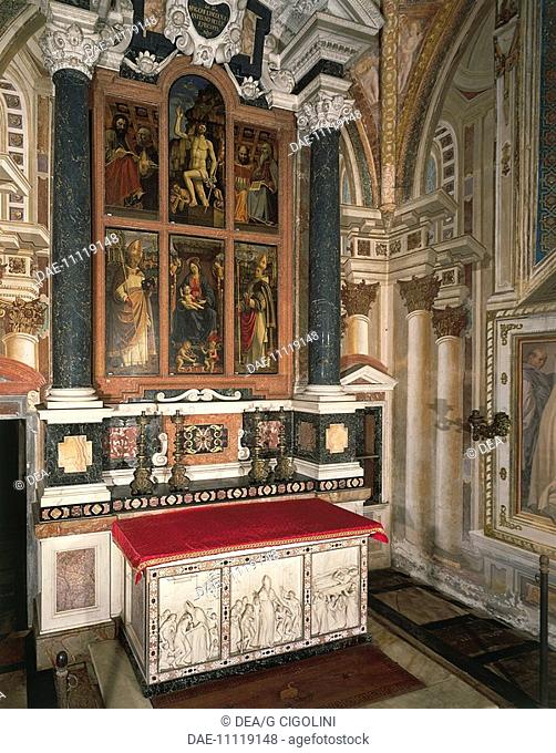 Altarpiece with Madonna enthroned with Child and Saints and bishops, 1496 works by Macrino d'Alba (active 1495-1515), Christ risen by an unknown artist