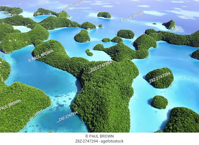 Aerial view of the archipelago of Seventy Islands, Republic of Palau, Micronesia, Pacific Ocean