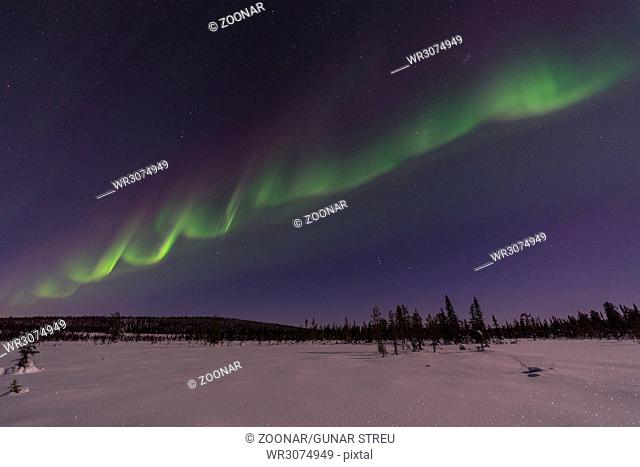 Northern lights above moonlit landscape, Lapland, Sweden