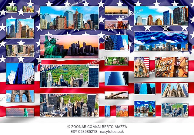 New York city pictures collage of different famous locations landmark of New York, United States, , USA with American flag on background