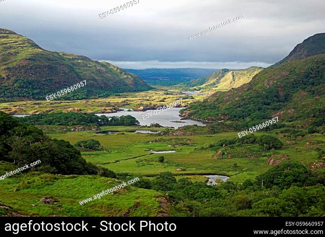 Ladies View is a scenic panorama on the Ring of Kerry about 19 kilometers from Killarney along the N71 towards Kenmare, in Killarney National Park in Ireland