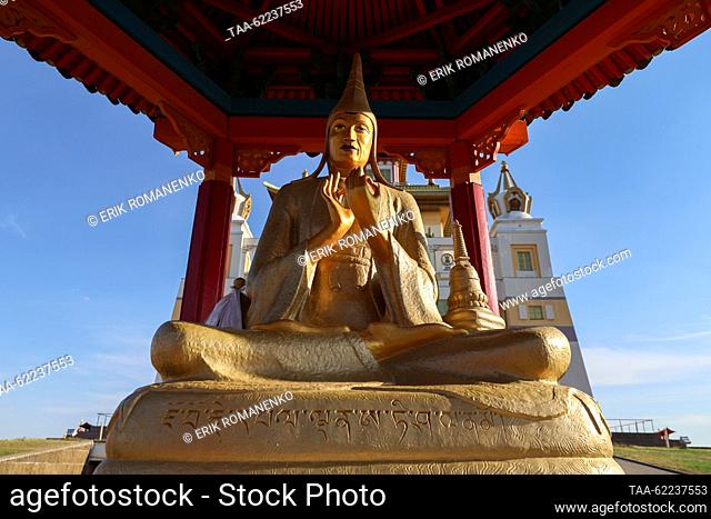 RUSSIA, ELISTA - SEPTEMBER 15, 2023: A statue of Bengali religious leader Atisa Dipankara Srijnana (982-1054) stands at the Burkhan Bakshin Altan Sume (Golden...